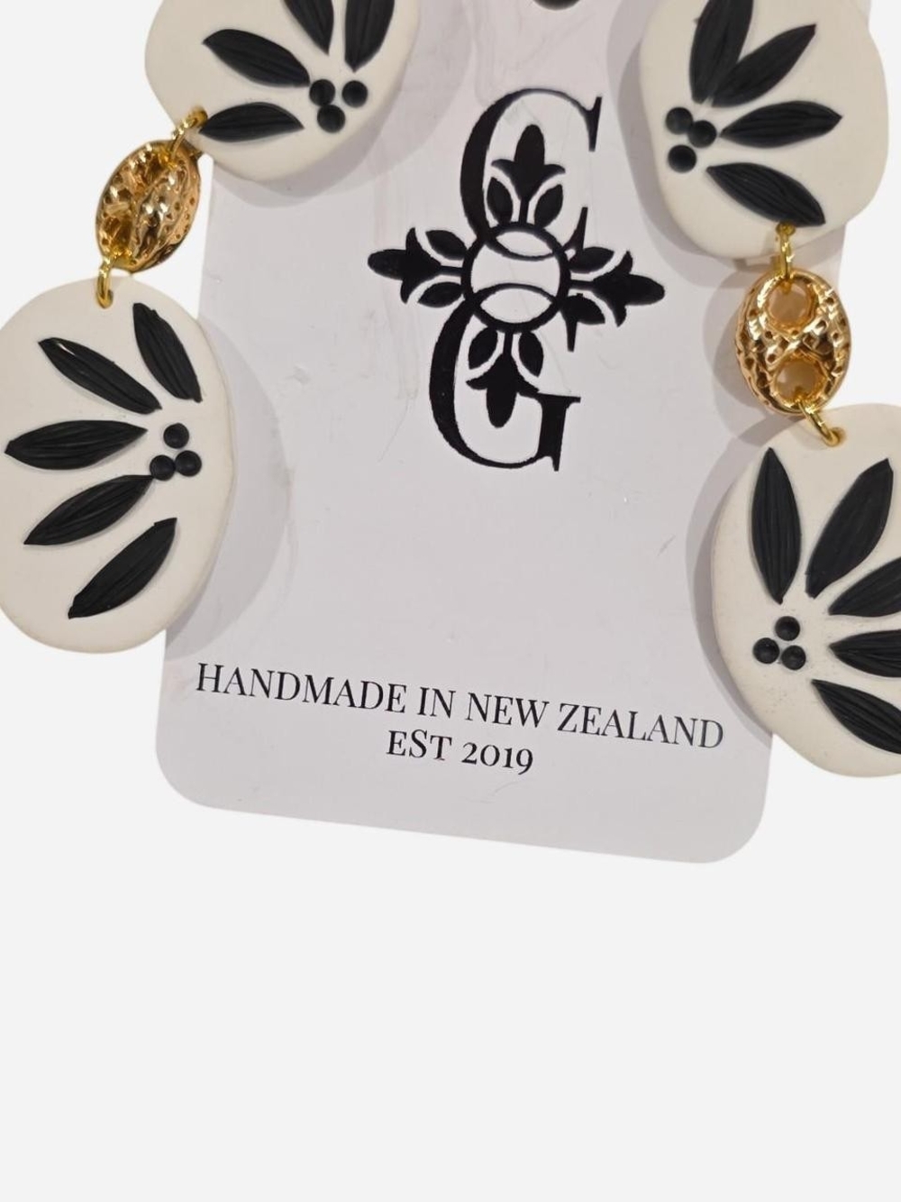 Handmade Black & White Floral Drop Earrings with Gold Accents